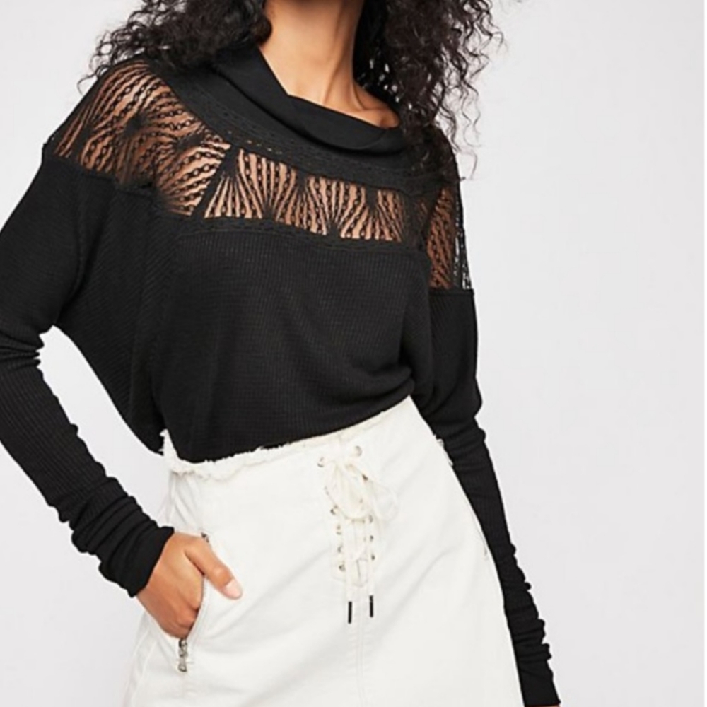 Free People Black Waffle Thermal Lace Neck Top - Picture 1 of 15